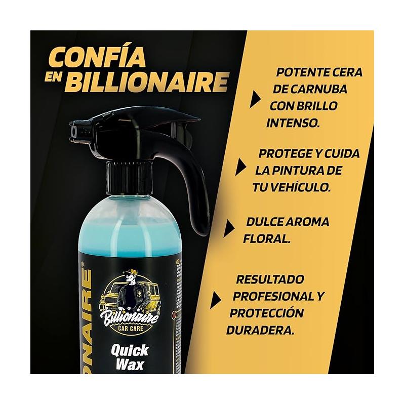 Billionaire Quick Wax Cera Rápida Enriquecida con Carnauba Cera en Spray para Coche Protege y Abrillanta tu Vehículo Aroma Floral 750ml - Imagen 3