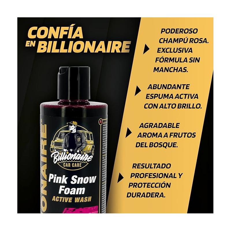Billionaire Pink Snow Foam Active Wash Champú con Espuma Activa Rosa Alto Poder de Limpieza para el Cuidado del Coche Efecto Nieve y no Mancha Aroma a Frutos del Bosque 500ml - Imagen 2
